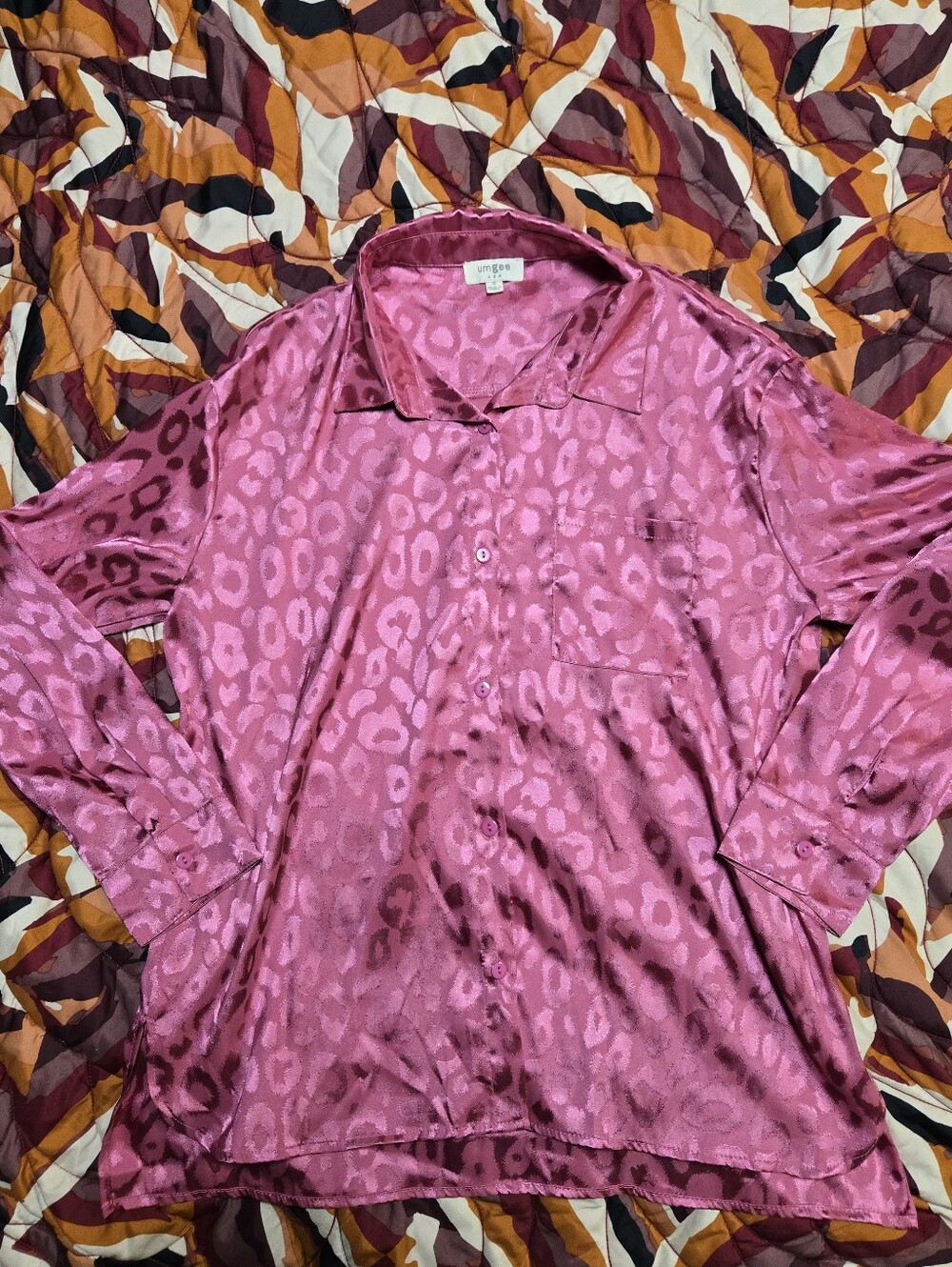 Umgee Pink Leopard Satin Button-Down Shirt